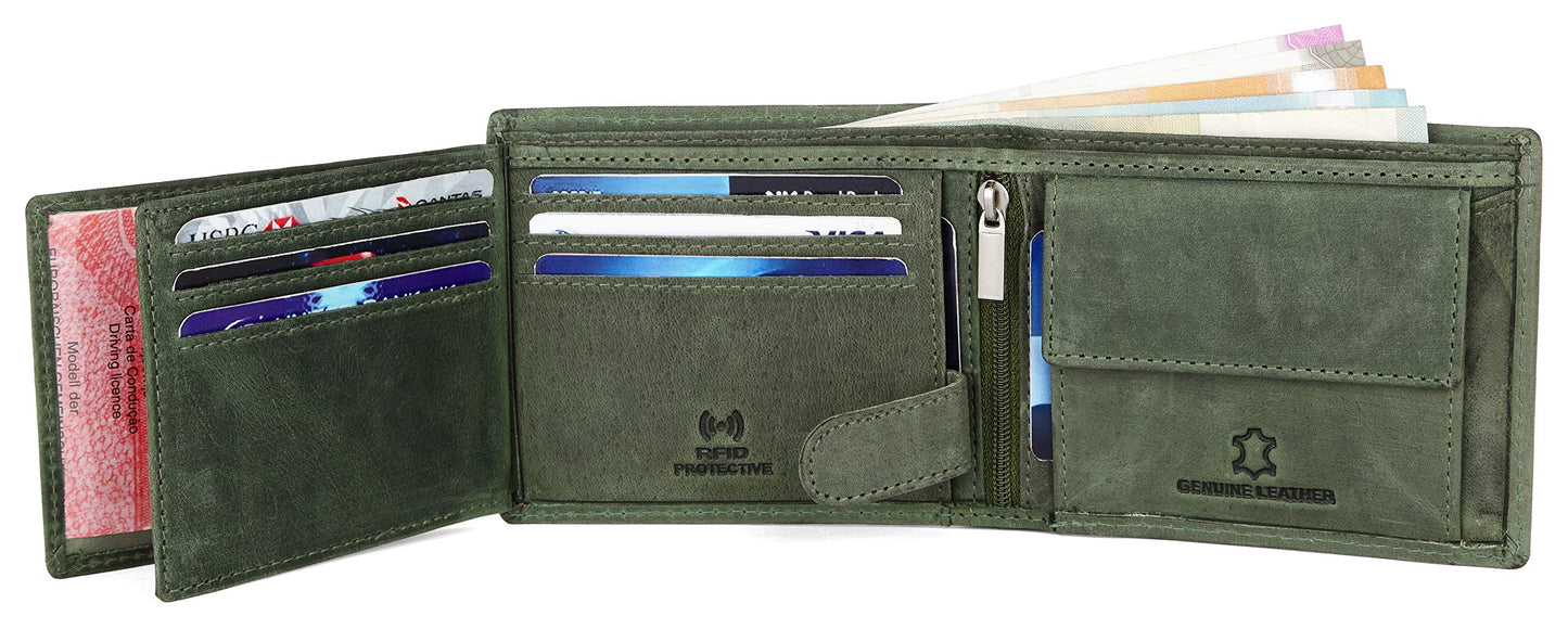 WildHorn RFID Protected Leather Wallets for Men I 9 Card Slots I 2 Currency & 2 Secret Compartments I 1 Zipper & 3 Id Card Windows, Green