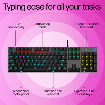 HP Gk400F Mechanical USB Gaming Keyboard,Dust & Spill Resistant,RGB Backlit Keys,Metal Panel,Full-Sized Keyboard Design