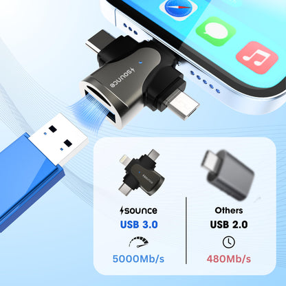 Sounce 4 in 1 OTG Adapter Converter with Lightning, Type C, Micro USB, USB 3.0 Port OTG Connector Compatible with iOS 13 & Above, Android, Tablets and Others - Black