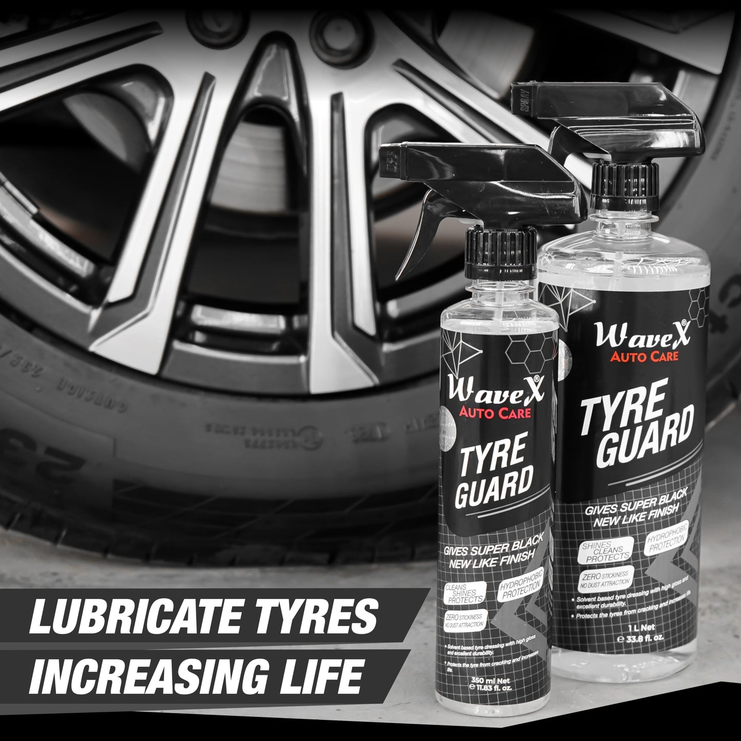 Wavex Tyre Polish for Car and Bike (1L) | With Black Foam Applicator and Microfiber Cloth| Gives Lustrous Dark, Long Lasting Super Black Shine - Non-Greasy, Super Hydrophobic