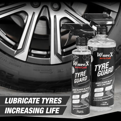 Wavex Tyre Polish for Car and Bike (1L) | With Black Foam Applicator and Microfiber Cloth| Gives Lustrous Dark, Long Lasting Super Black Shine - Non-Greasy, Super Hydrophobic