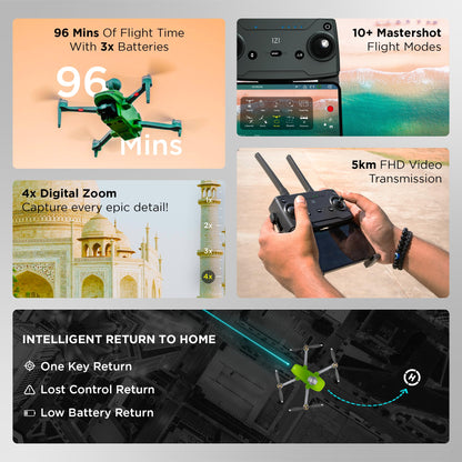 IZI Sky Pro 4K Fly More Combo Drone with camera, 540° OA, 20MP, 5KM Live Video, 96 Mins Flight, 3-Axis Gimbal, 10+ Flying Modes, RTH, GPS, 3 x Smart Batteries, Fast Tri-Charger