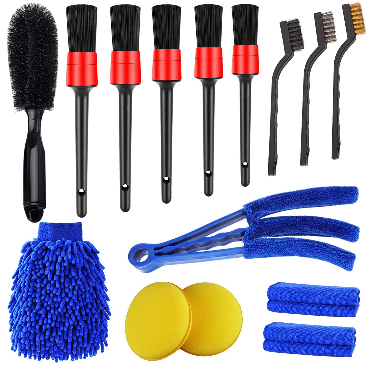 Jaronx 15 PCS Car Detailing Brush Set, Exterior Interior Car Detail Kit Auto Cleaning Brush for Wheels,Leather(Detail Brushes, Wheel Brush, Wash Mitt,Vent Brush,Wax Applicator Pads,Towels,Wire Brushs)