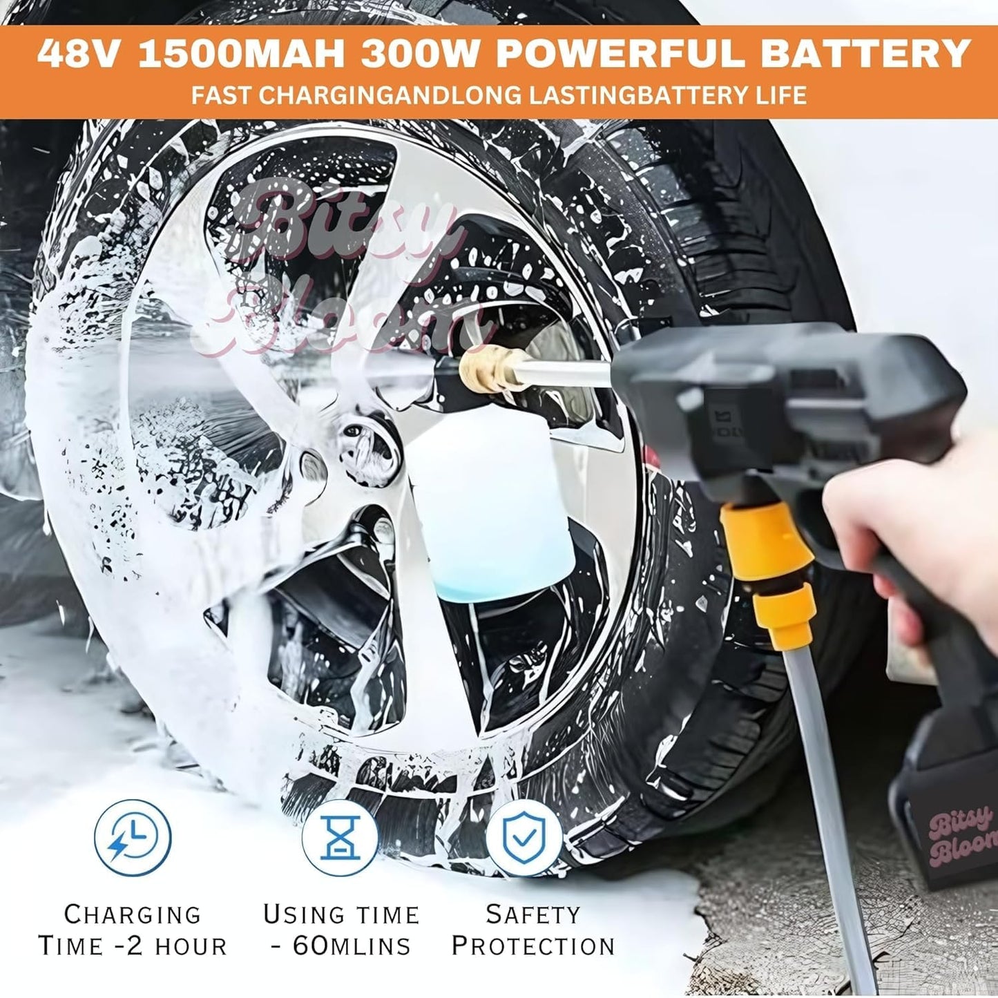 DADLM® (Double Battery) Wireless High Pressure Car Washer & Car Cleaning 48V Rechargeable Electric Pressure Washer Gun Machine Tool for Car,Bike,Gardening with Adjustable 3in1 Nozzle &5M Hose Pipe (1)