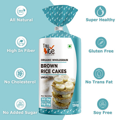 Trubite Crispy Organic Wholegrain Brown Rice Cakes (Unsalted) (Pack Of 4) (130g x 4) | 100% Natural | High In Fiber | Low In Calories | Cholesterol Free | Super Healthy