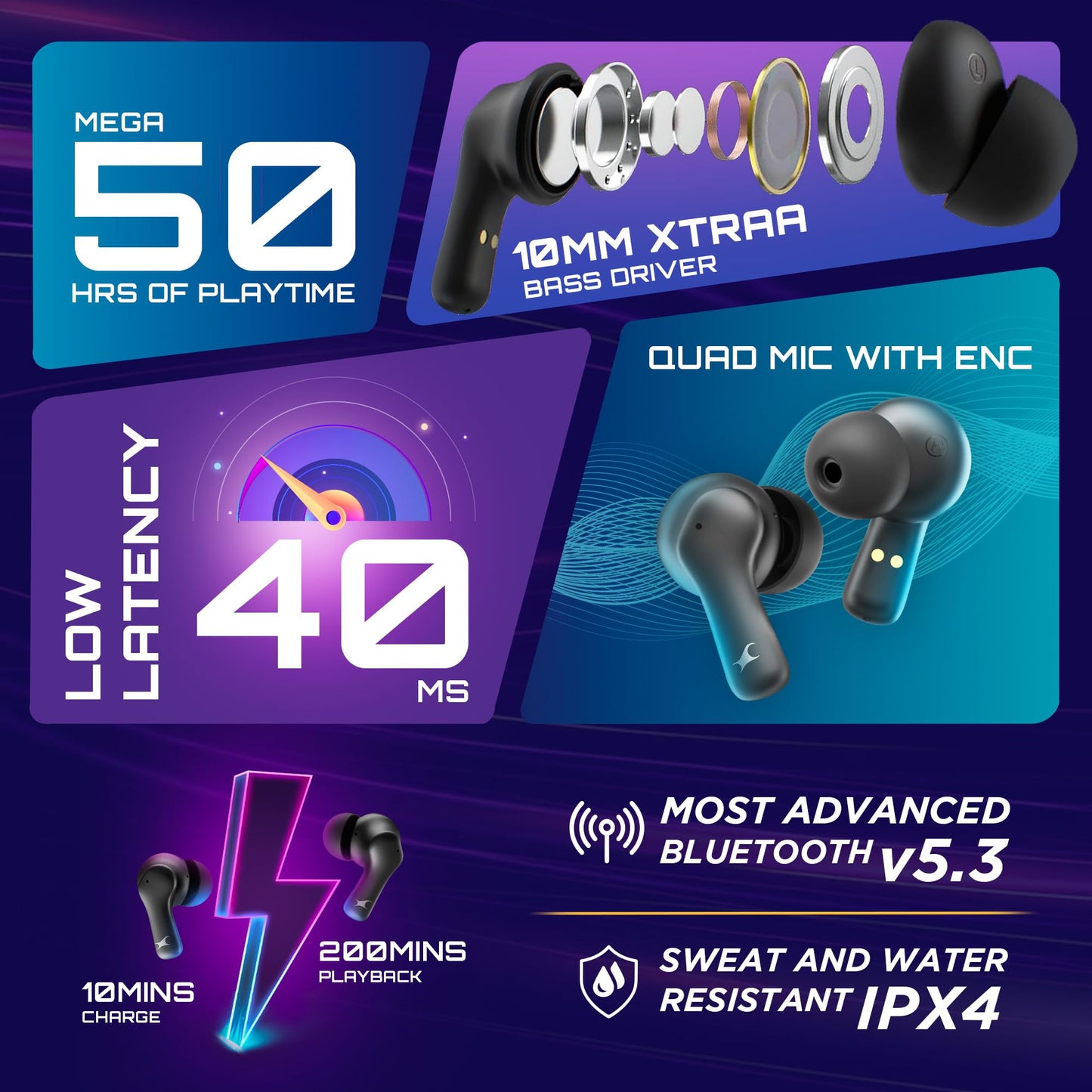 Fastrack Fpods FZ100 TWS in-Ear Earbuds with Mega 50 Hrs Playtime|Extra Deep Bass Driver|Quad Mic ENC for Clear Calls|Ultra Low 40ms Latency Gaming Mode|NitroFast Charge-200 Min in 10 Min-Black