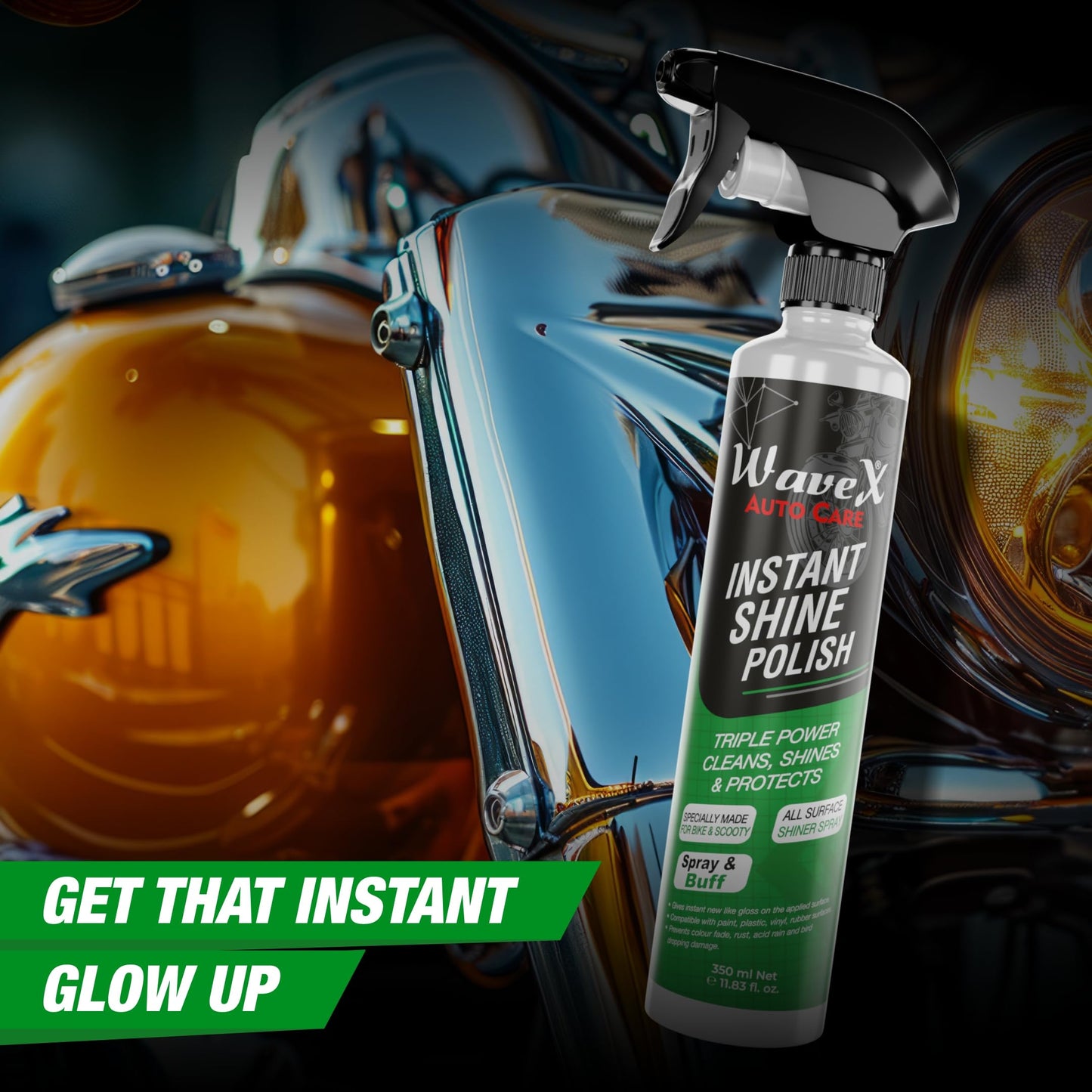 Wavex Instant Shine Bike Polish 350ml with Microfiber Cloth | All in One Bike Polish for Restoring Showroom Look of Bikes & Scooters