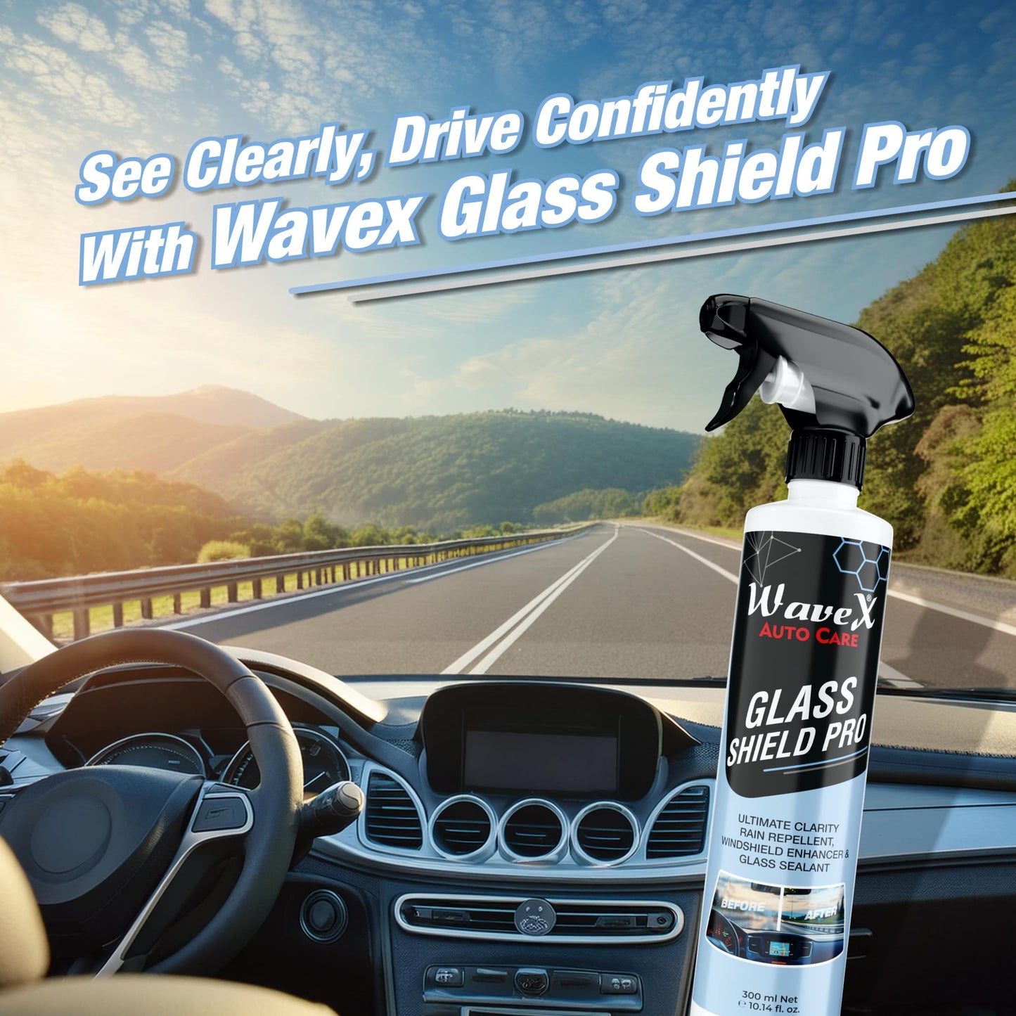 Wavex Rain Repellent for Car Windshield 300ml SiO2 Infused Car Windshield Hydrophobic Spray Coating for Ultra Smoothness, Protection, Clarity & Cleaning | Improves Visibility & Clarity