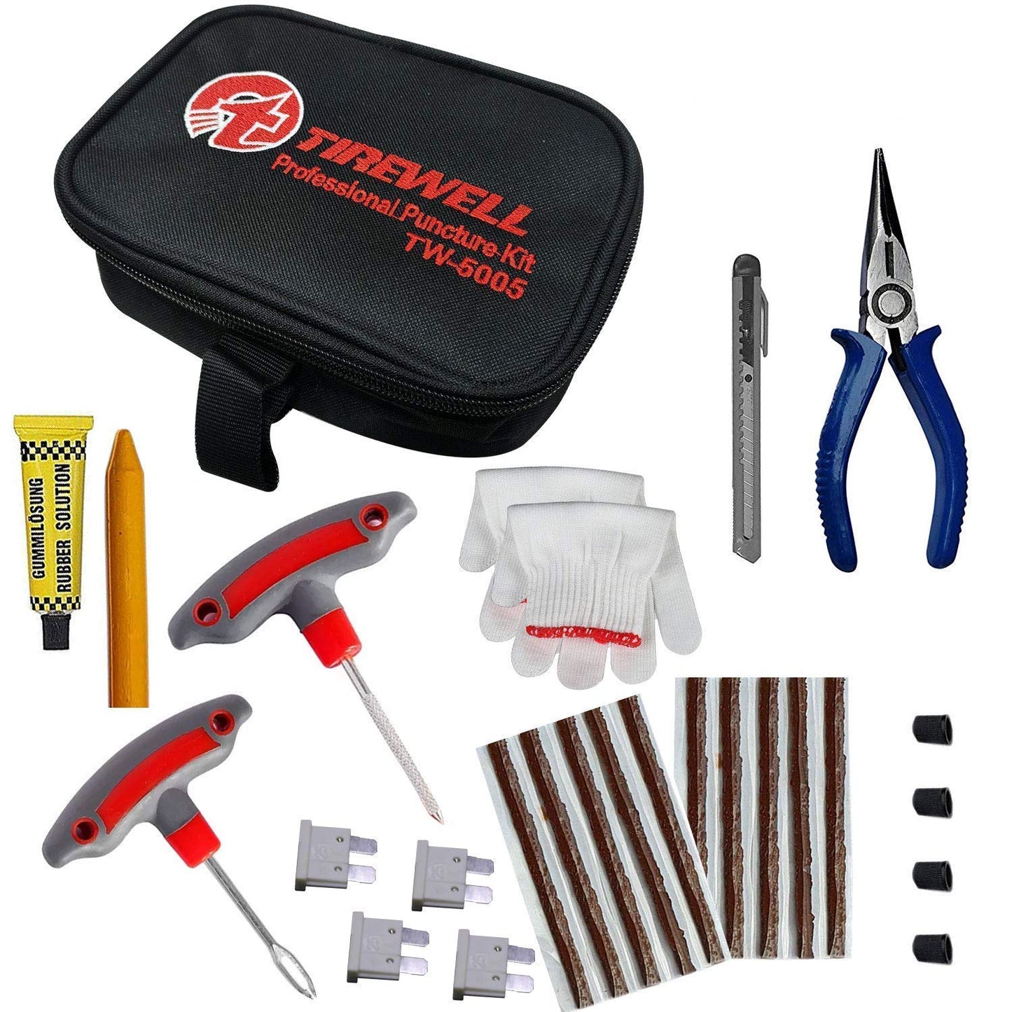 TIREWELL TW-5005 10 in 1 Universal Tubeless Tyre Puncture Kit with Storage Bag, Emergency Flat Tire Repair Patch Tool Bag for Car, Bike, SUV, & Motorcycle