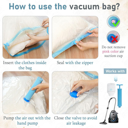 ABOUT SPACE 5 Pack Vacuum Bags for Travel with Hand Pump (1 Large/2 Medium/2 Small) Airtight Reusable Space Saver Compression Storage Bags for Packing, Vaccine Sealer Bags with Ziplock for Clothes