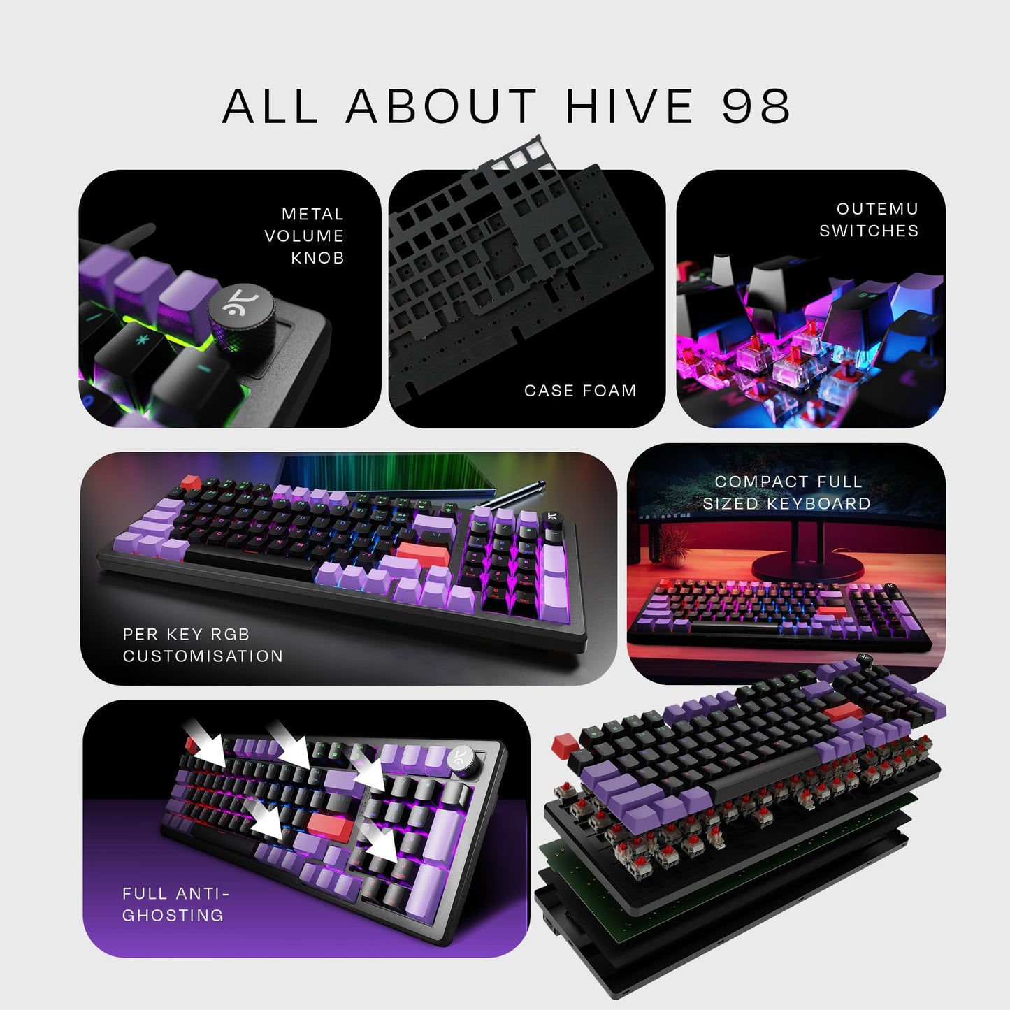 Kreo Hive Wired Full Size RGB Backlight Gaming Mechanical Keyboard, Customizable RGB, Mechanical Switches, NKRO, Metal Volume Knob, 3 Color Keycaps (Black-Purple, Brown Switch)