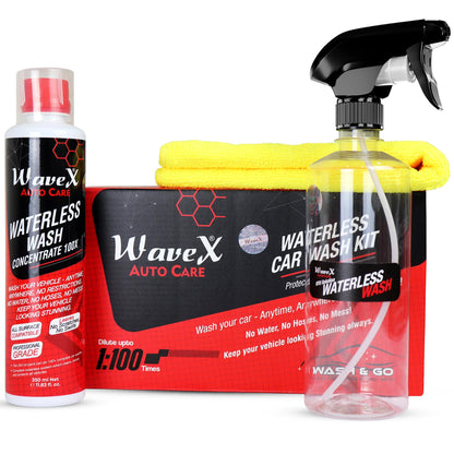 Wavex Waterless Car Wash Kit Car Cleaning Spray 100x Concentrate | 100 TIMES DILUTABLE with Empty Spray Bottle Microfiber Cleaning Cloth | Car Washing Without Water