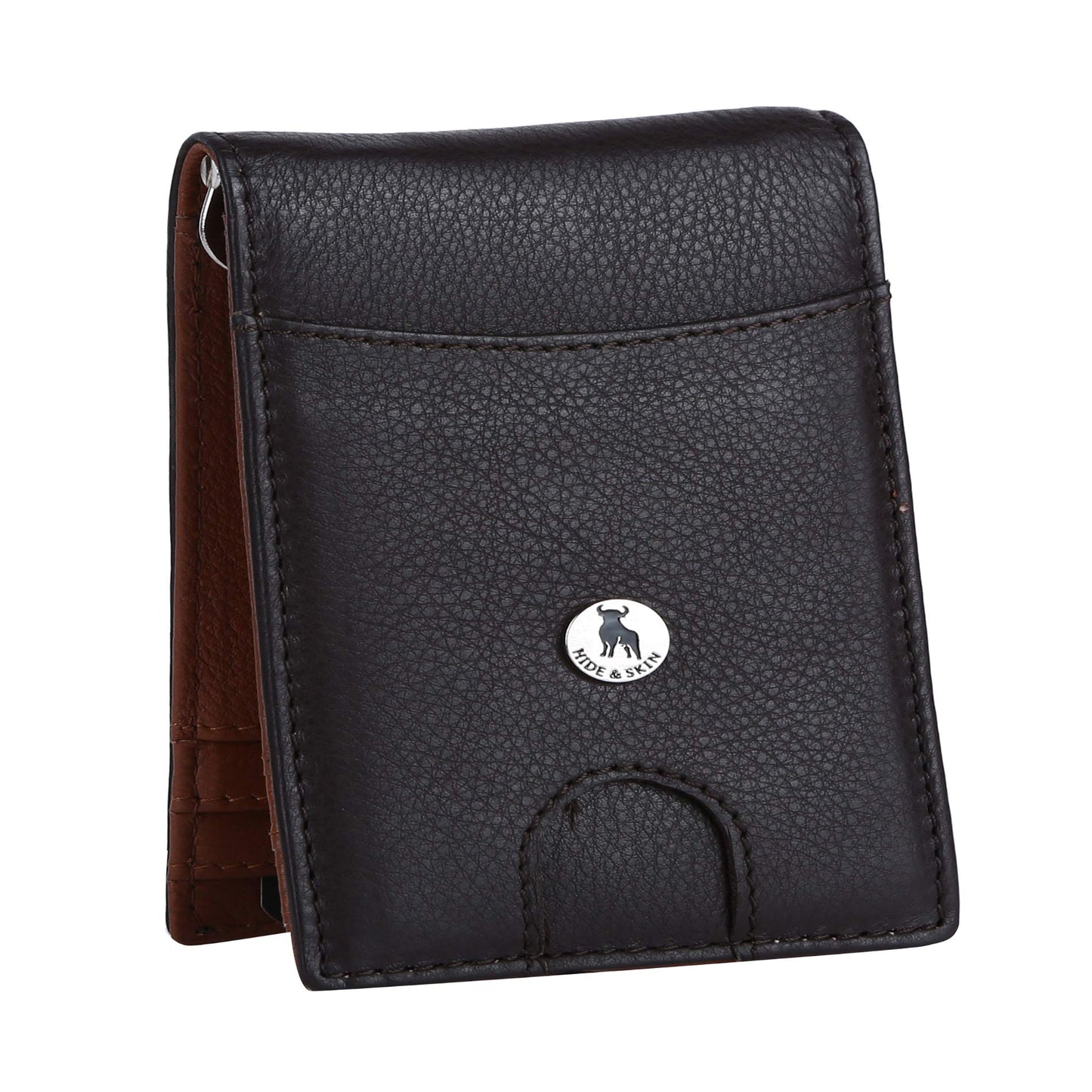 HIDE & SKIN Genuine Leather RFID Money Clip with Coin Pocket (Nappa Brown)