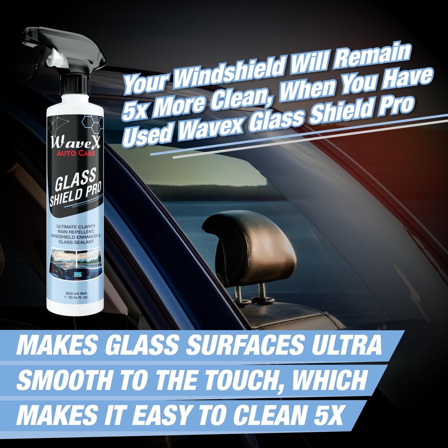 Wavex Rain Repellent for Car Windshield 300ml SiO2 Infused Car Windshield Hydrophobic Spray Coating for Ultra Smoothness, Protection, Clarity & Cleaning | Improves Visibility & Clarity