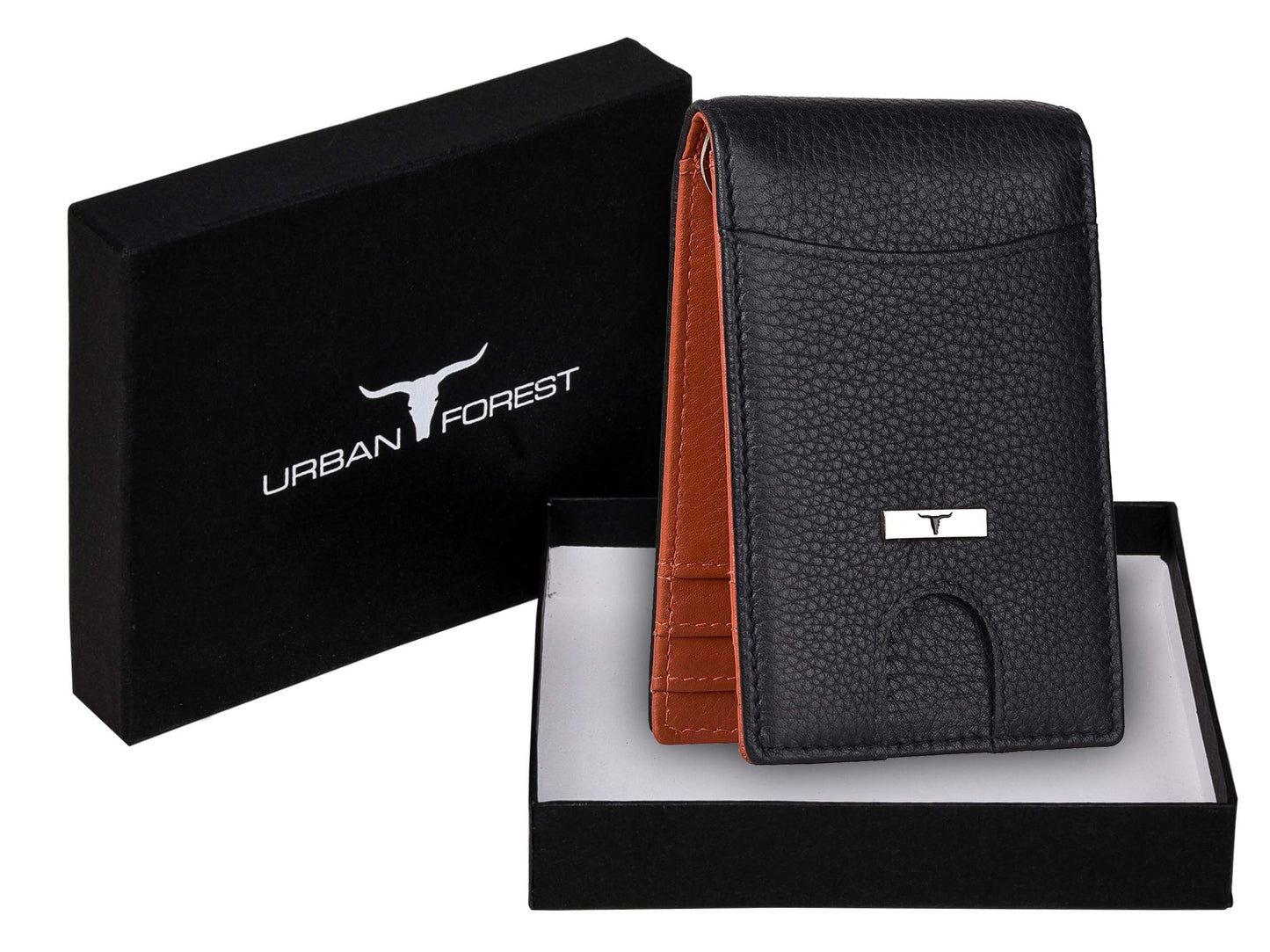 URBAN FOREST Eddy Black/Orange Money Clip Leather Wallet for Men - Minimal Leather Wallet for Men