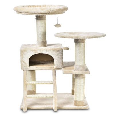 Amazon Basics Multi-Level Cat Tree Indoor Climbing Activity Cat Tower with Scratching Posts, Cave, and Step Ladder, 19 x 19 x 50 Inches, Beige