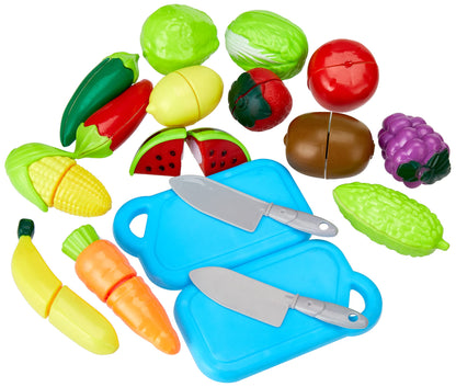 Amazon Brand - Jam & Honey | Play Food Basket for Kids| Realistic Sliceable Cutting | 7 Fruits, 7 Vegetables, Chopping Board, Knife