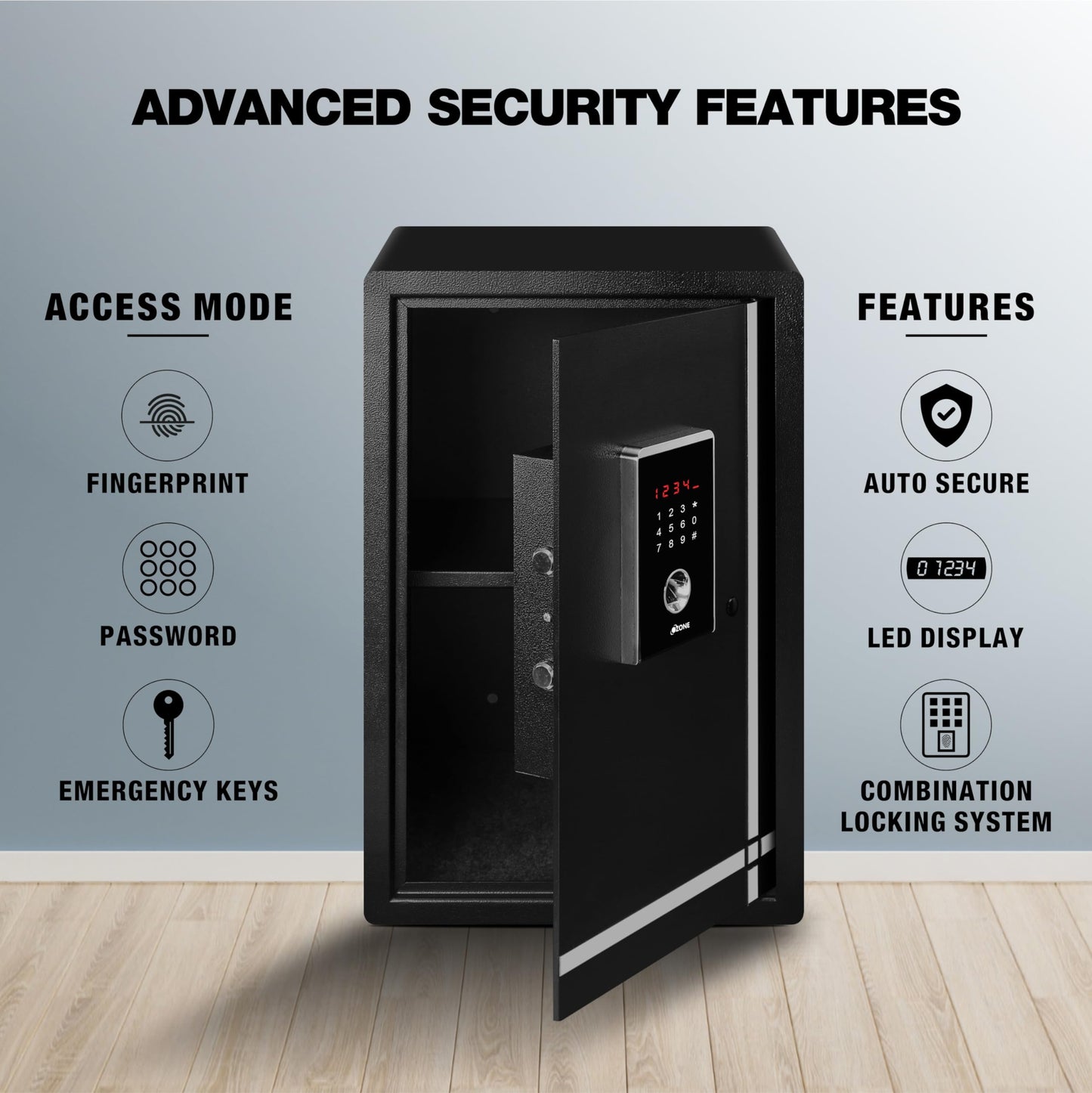 Ozone Safe Locker for Home | 55 Litres | Digital Locker Biometric with Fingerprint Access | Auto Freeze Mode | Home lockers for house | Electronic LED Display | Motorized | Black