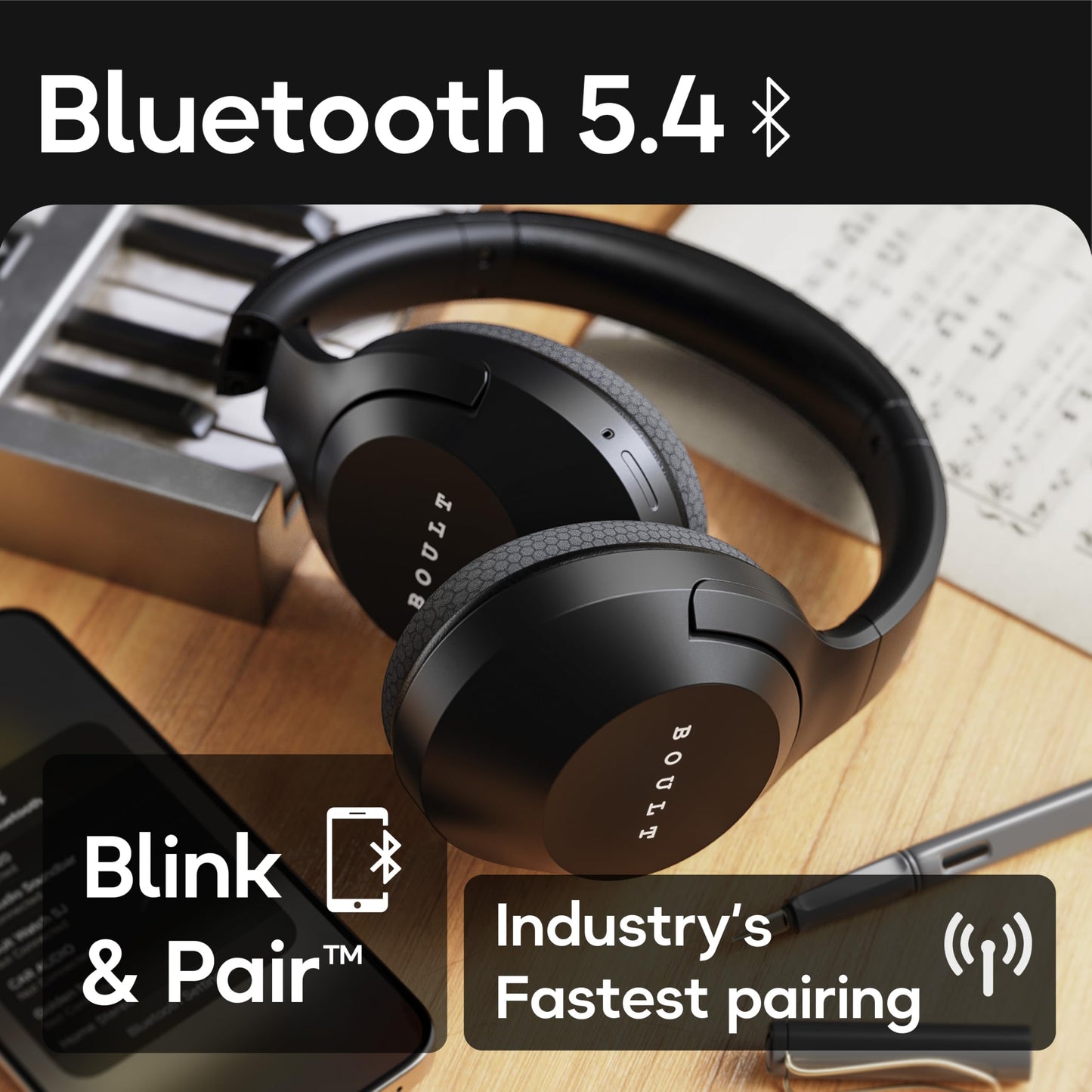 Boult Newly Launched Flex Over Ear Bluetooth Headphones with 80H Playtime, 40mm Bass Drivers, Zen™ ENC Mic, Type-C Fast Charging, 4 EQ Modes, Bluetooth 5.4, AUX Option, 60ms Low Latency, IPX5 (Black)