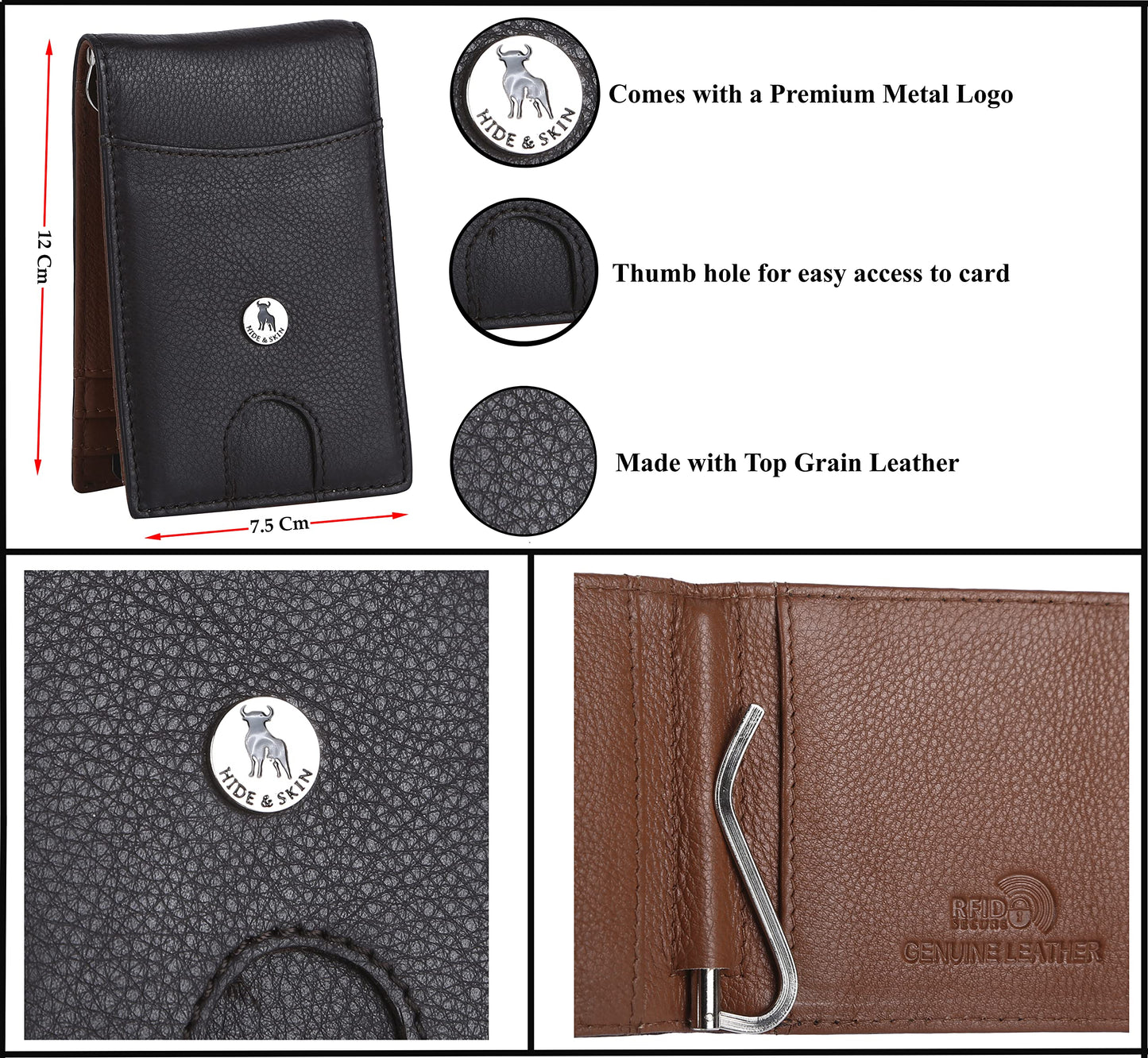 HIDE & SKIN Genuine Leather RFID Money Clip with Coin Pocket (Nappa Brown)