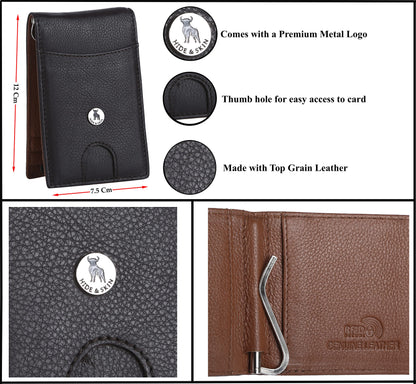 HIDE & SKIN Genuine Leather RFID Money Clip with Coin Pocket (Nappa Brown)