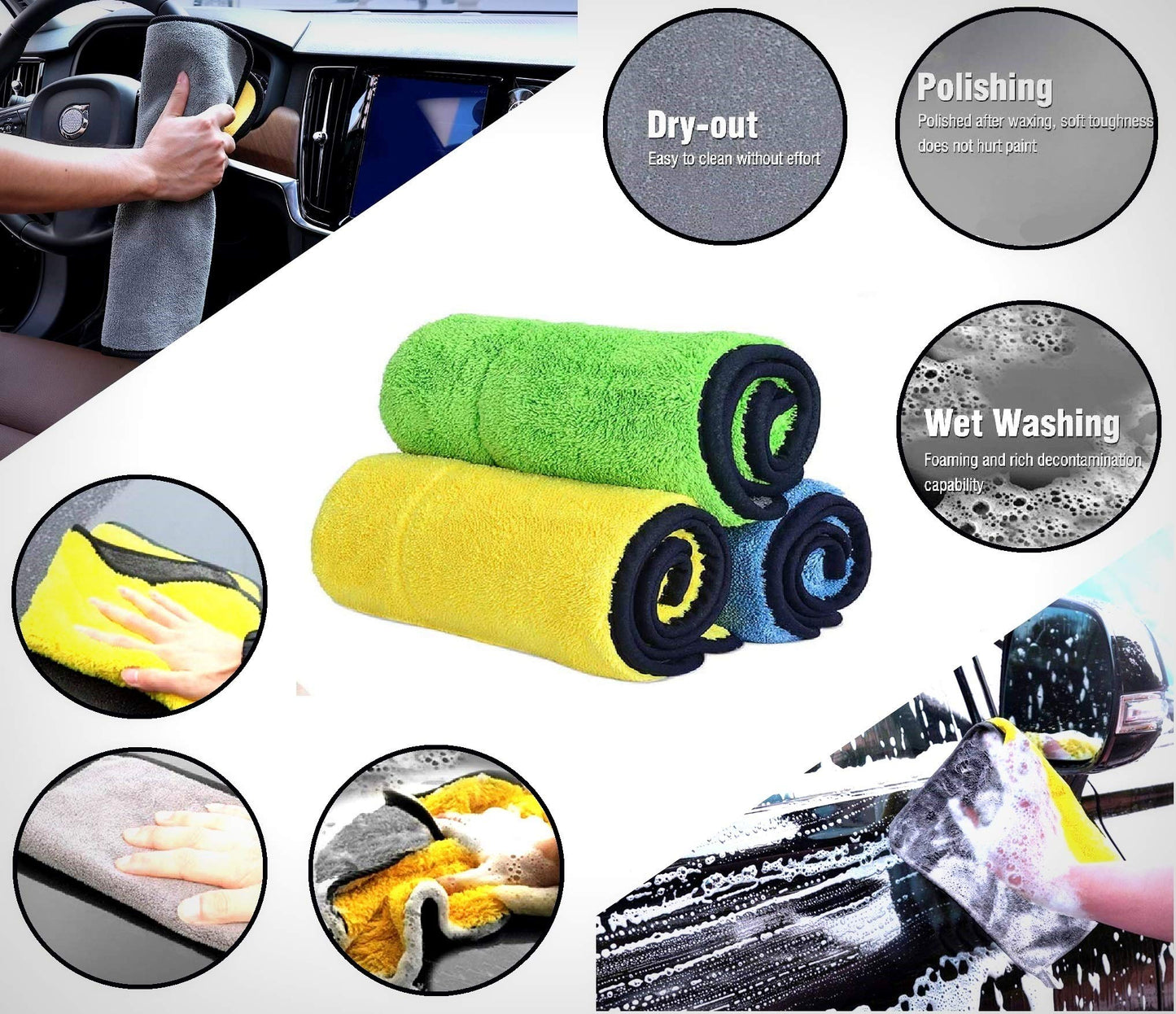 Auto Hub Microfiber Cloth for Car, Double Sided, Extra Thick Plush Microfiber Cloth, Lint-Free, 800 GSM (Size 30cm x 40cm)/Pack of 3, Color: Blue, Yellow, Green, Car Cleaning Cloth