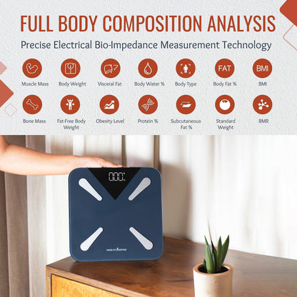 HealthSense Bluetooth BMI Weight Machine for Body Weight, Digital Body Fat Analyzer & Smart Body Composition Scale with Mobile App, 14 Body Parameters, LED Display & 1 Year Warranty - BS191