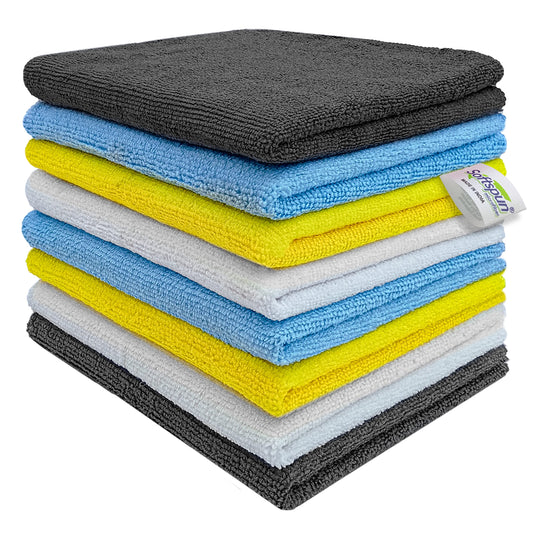 SOFTSPUN Microfiber Basic Cleaning Cloths,8 pcs 40x40cms 280 GSM Multicolor! Highly Absorbent Lint and Streak Free Multipurpose Wash Cloth for Kitchen Car Window Stainless Steel Silverware.