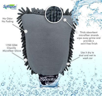 SOFTSPUN Microfiber Chenille & Glass Cloth Mitt, 1 Piece 1700 GSM Grey! Multi-Purpose Super Absorbent and Perfect Wash Cleaning for Bike Auto, Cars Both Interior and Exterior.