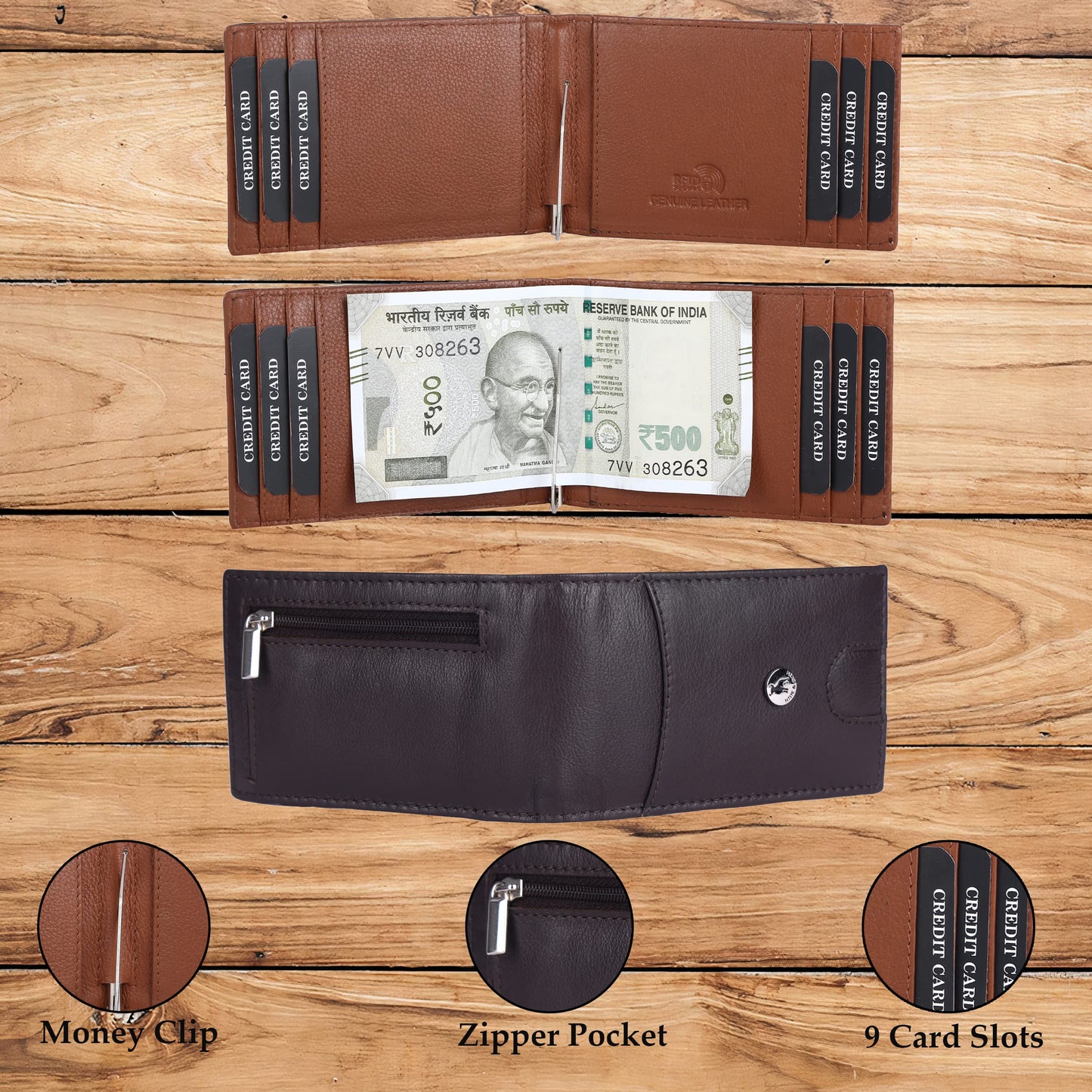 HIDE & SKIN Genuine Leather RFID Money Clip with Coin Pocket (Nappa Brown)