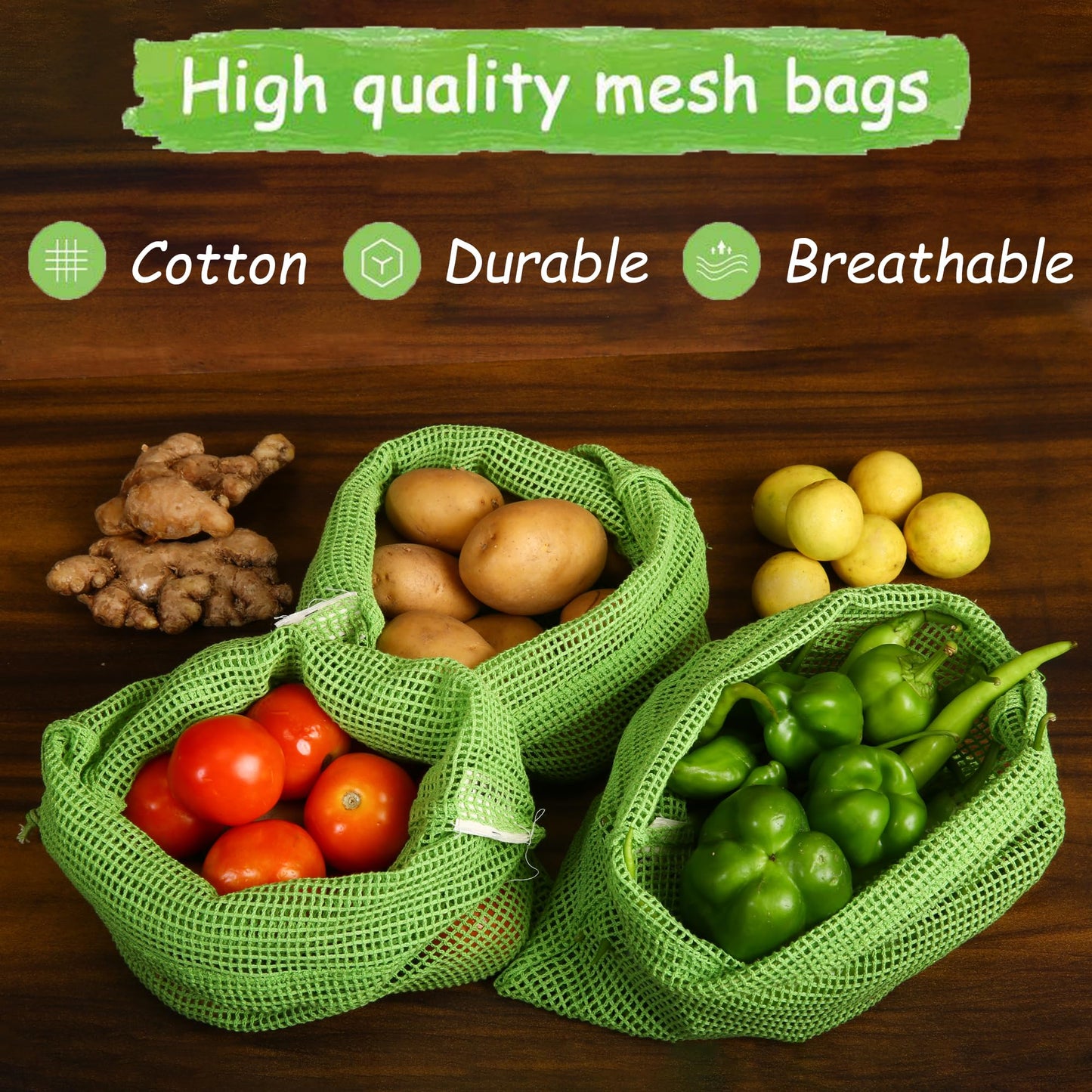 GLAVISH 100% cotton Set Of 6, Reusable Fridge Storage Bags For Vegetables and Fruit, Multi-purpose Eco-friendly cotton mesh net bag for Freezer Organiser (2x Small, 2x Medium, 2x Large)