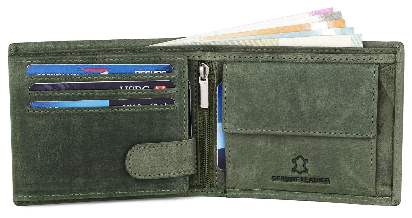 WildHorn RFID Protected Leather Wallets for Men I 9 Card Slots I 2 Currency & 2 Secret Compartments I 1 Zipper & 3 Id Card Windows, Green