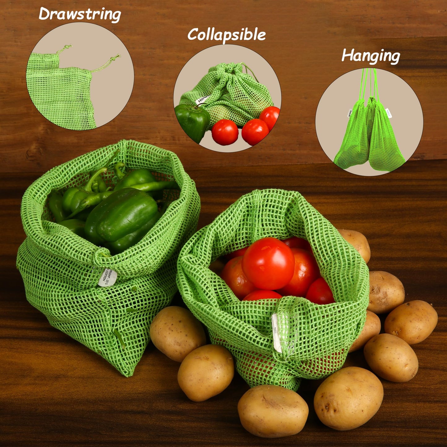 GLAVISH 100% cotton Set Of 6, Reusable Fridge Storage Bags For Vegetables and Fruit, Multi-purpose Eco-friendly cotton mesh net bag for Freezer Organiser (2x Small, 2x Medium, 2x Large)