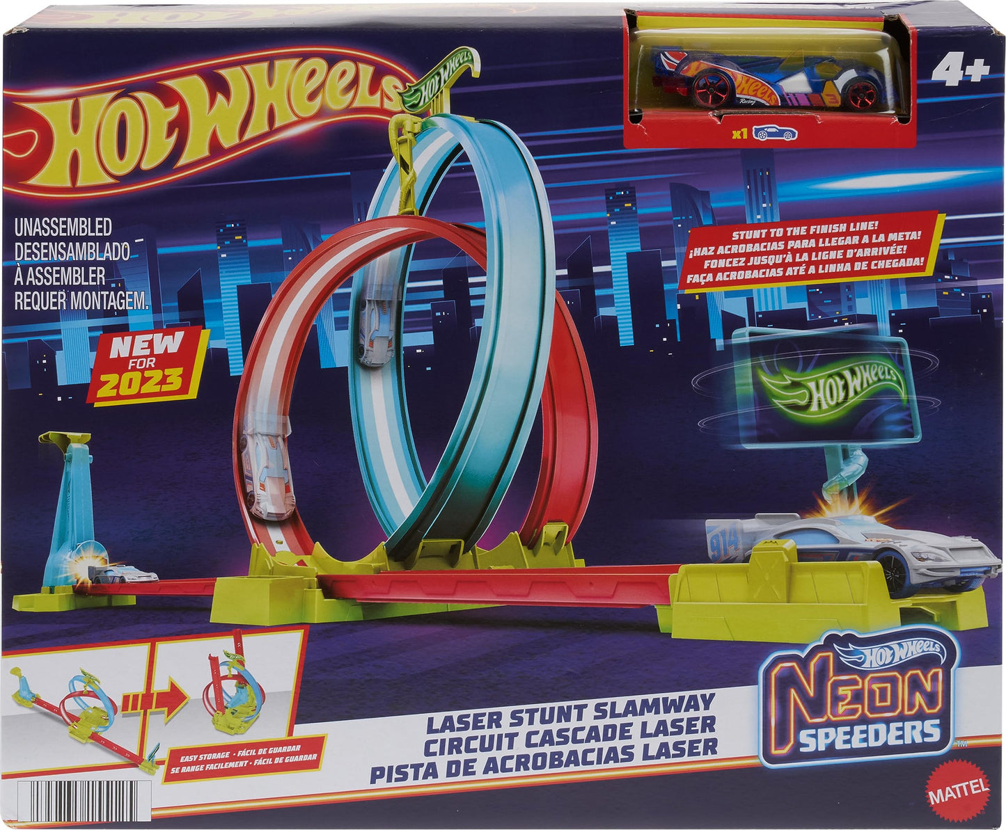 Hot Wheels® Neon Speeders™ Track Set, Laser Stunt Slamway with 1 Hot Wheels® Car, Tri-Colored Track, Connects to Other Sets, Easy Storage