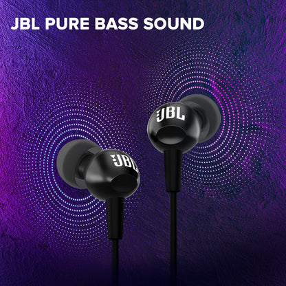 JBL C100SI Wired In Ear Headphones with Mic, JBL Pure Bass Sound, One Button Multi-function Remote, Premium Metallic Finish, Angled Buds for Comfort fit (Black)