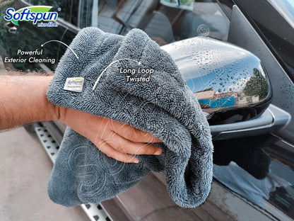 SOFTSPUN Microfiber Cloth for Car - 1200 GSM, 40x60cms, 1Pcs, Grey Twisted Loop Super Absorbent Towel - Edgeless Design with Plush Pile and Lint Free Cloth for Drying and Detailing.……