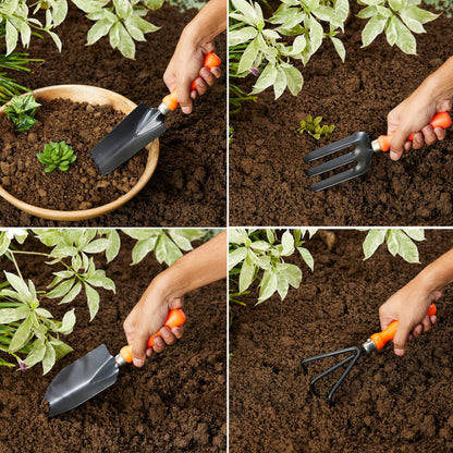 Amazon Brand - Solimo 5-Piece Gardening Tool Kit | Hand Cultivator, Hand Fork, Large & Small Trowels, Weeder | Gardening Tools Set for Home Gardens | Great for Gifting