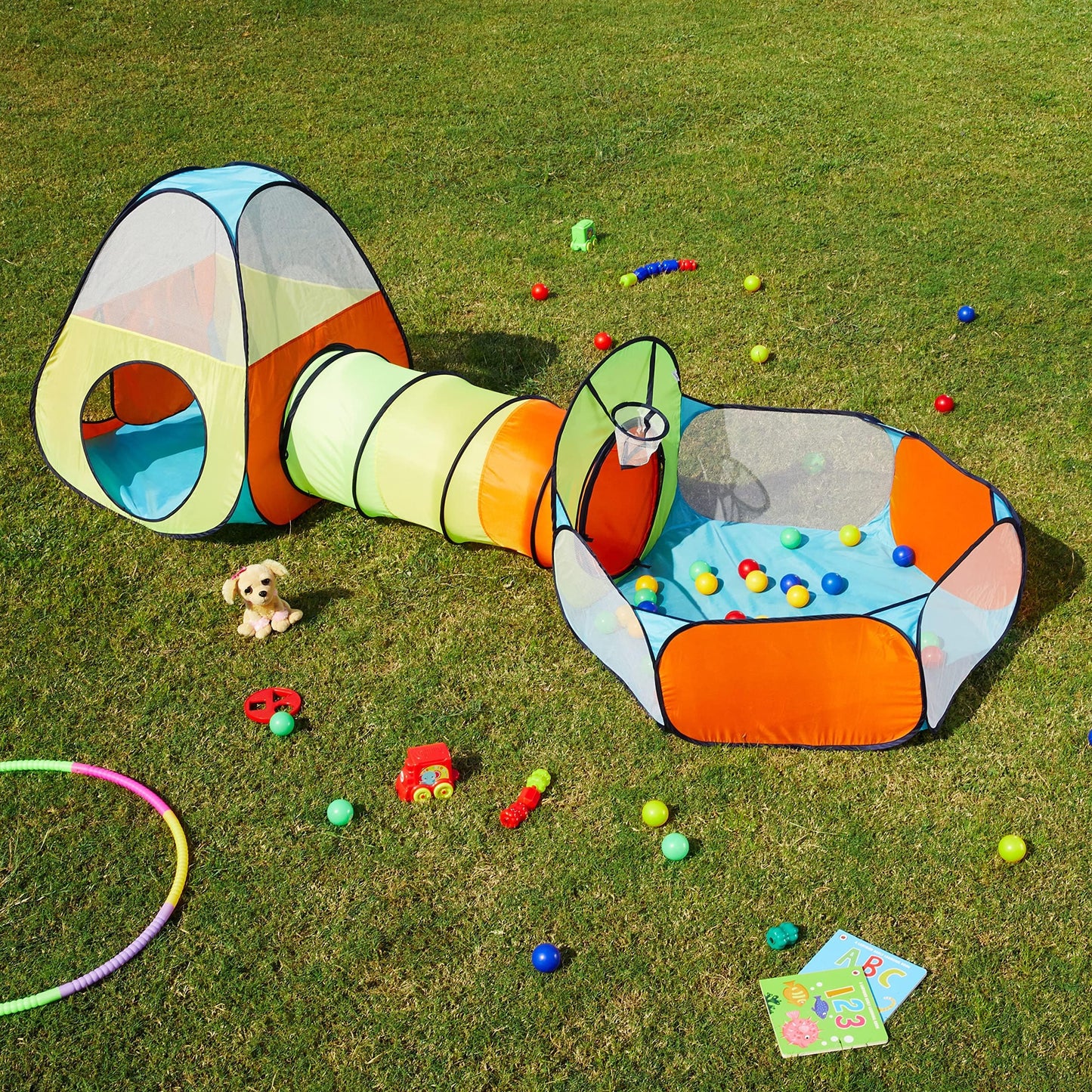 Amazon Brand - Jam & Honey Theme 3 in 1 Combo Tunnel | Tunnel, Tent House, Ball Hoop for Kids 3 to 6 Years | Spacious, Lightweight and Portable | Without Balls | Multi Colour