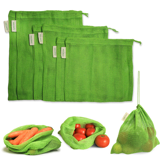 NECAVU 100% Cotton Set Of 6 Fridge Drawstring Bag | Eco-Friendly Natural Vegetables Bags For Fridge Storage & Mesh Net Vegetable Bag Fridge | Multi-Purpose Eco-Friendly Cotton Mesh Bag (Neem Green)